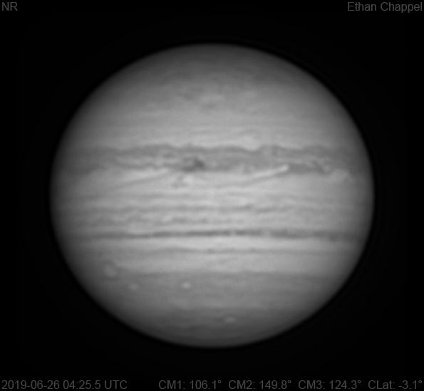 A long rift on the North Equatorial Belt is approaching the central meridian.