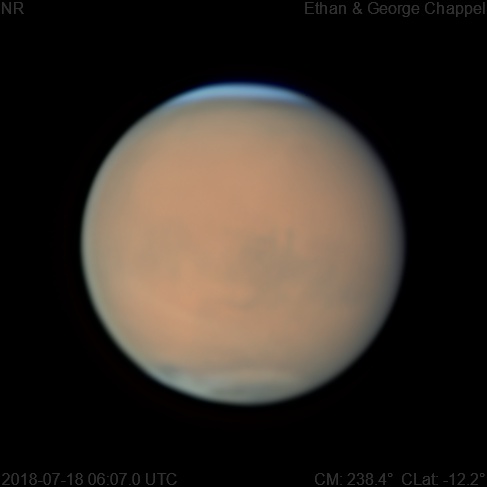 There's a faint cloud above the dust storm in much of the southern hemisphere east of the central meridian.