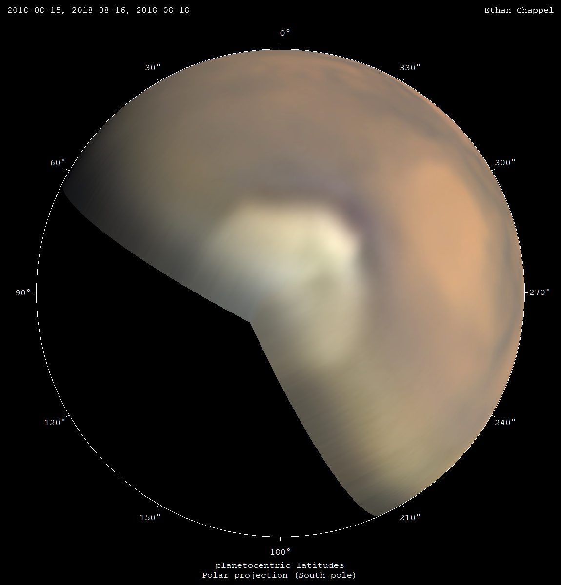The south polar cap appears to be the same size as Hellas.